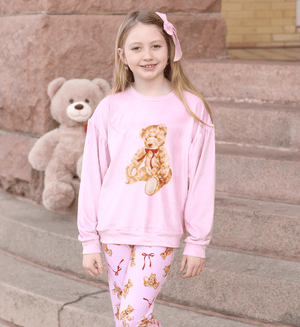 Kids Pink Velour Sweatshirt & Teddy Bear & Bows Flare Leggings - Millieloveslily.com