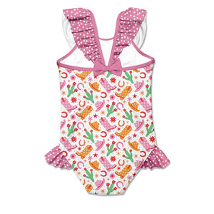 Kids Pink Western Style One - Piece Swimsuit With Back Bow - Millieloveslily.com