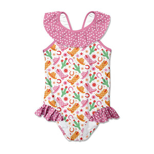 Kids Pink Western Style  Ruffle - Accent swimsuit with back bow on a white background, front Millieloveslily.com