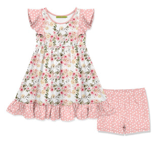 Kids pink Wild Rose Angel - Sleeve Dress & Shorts set on a white background, front - Millieloveslily.com