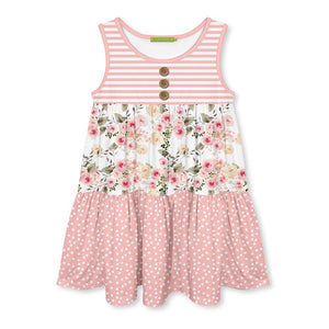 Kids Pink Wild Roses Tiered Sleeveless A - Line Dress - Millieloveslily.com