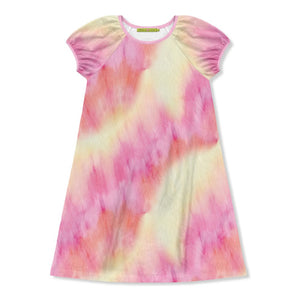 Kids Pink & Yellow Tiedye Puff Sleeve Dress - Millieloveslily.com