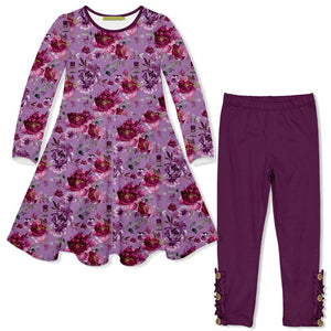 Kids Purple Floral Favorite Long-Sleeve Dress & Plum Leggings Set - Millieloveslily.com