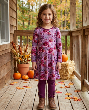 Kids Purple Floral Favorite Long-Sleeve Dress & Plum Leggings Set - Millieloveslily.com