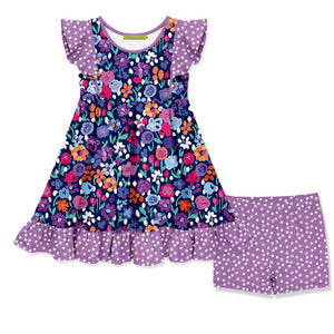 Kids Purple Flower Angel - Sleeve Dress & Dot Shorts - Millieloveslily.com