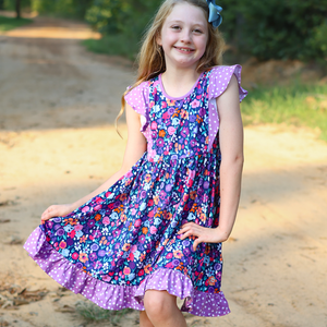 Kids Purple Flower Angel - Sleeve Dress & Dot Shorts  set, lifestyle, front- Millieloveslily.com