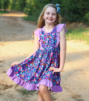 Kids Purple Flower Angel - Sleeve Dress & Dot Shorts  set, lifestyle, front- Millieloveslily.com