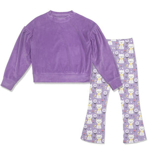Kids Purple Rib Velour Sweatshirt & Kitten Corner Flare Leggings - Millieloveslily.com