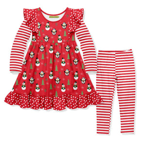 Kids Red Snowmen & Penguins Dress & Stripe Leggings - Millieloveslily.com