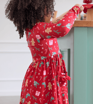 Kids Red Christmas Holly Patch Pocket Long Sleeve A-Line Dress - Millieloveslily.com