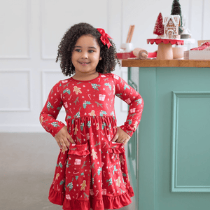 Kids Red Christmas Holly Patch Pocket Long Sleeve A-Line Dress - Millieloveslily.com