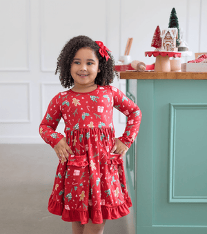 Kids Red Christmas Holly Patch Pocket Long Sleeve A-Line Dress - Millieloveslily.com