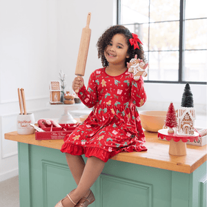 Kids Red Christmas Holly Patch Pocket Long Sleeve A-Line Dress - Millieloveslily.com