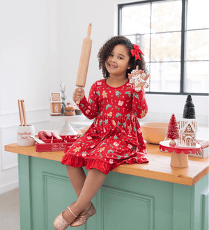 Kids Red Christmas Holly Patch Pocket Long Sleeve A-Line Dress - Millieloveslily.com