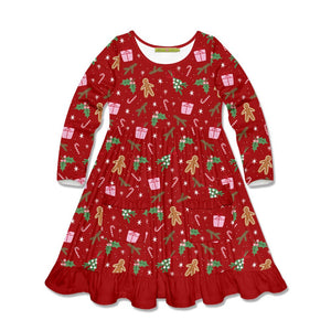 Kids Red Christmas Holly Patch Pocket Long Sleeve A-Line Dress - Millieloveslily.com