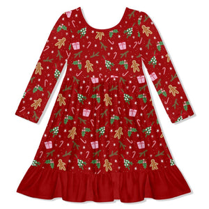 Kids Red Christmas Holly Ruffle Hem Dress - Millieloveslily.com