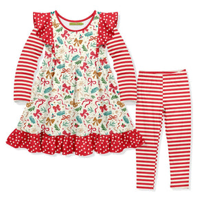 Kids Red Christmas Ribbon Dress & Stripe Leggings - Millieloveslily.com