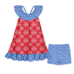 Kids Red & Blue Fireworks print Dress & Shorts set on a white background, front 