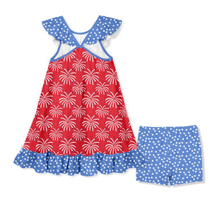 Kids Red Fireworks Ruffle - Hem Yoke Dress & Shorts Set - Millieloveslily.com