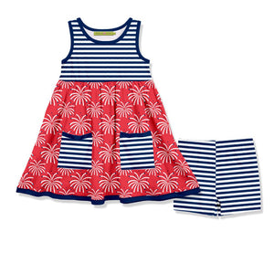 Kids Red Fireworks Printed Dress & Matching Stripe Shorts set on a white background, front