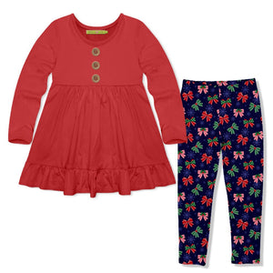 Kids Red Long-Sleeve Babydoll Top & Holiday Bows Leggings - Millieloveslily.com