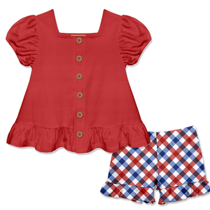 Kids Red Puff - Sleeve Top & Check Shorts - Millieloveslily.com