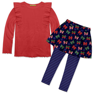 Kids Red Ribbed Long-Sleeve Top & Holiday Bows Skirted Leggings - Millieloveslily.com