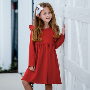 Kids Red Ribbed Ruffle-Shoulder A-Line Dress - Millieloveslily.com