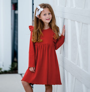 Kids Red Ribbed Ruffle-Shoulder A-Line Dress - Millieloveslily.com