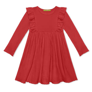 Kids Red Ribbed Ruffle-Shoulder A-Line Dress - Millieloveslily.com