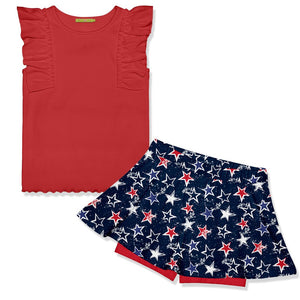 Kids Red Ribbed Ruffle Sleeveless Top & Stars Skort - Millieloveslily.com