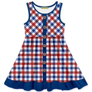 Kids Red, White & Blue sleeveless check dress with decorative wood  Millieloveslily.comuttons on a white background, front