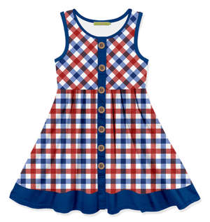 Kids Red, White & Blue sleeveless check dress with decorative wood  Millieloveslily.comuttons on a white background, front