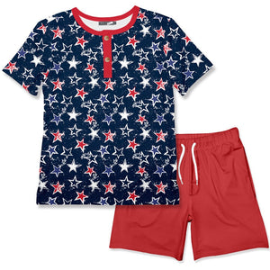 Kids Red,White and Blue Stars Henley & Red FR Terry Pocket Shorts - Millieloveslily.com