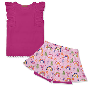 Kids Rose Violet Ribbed Ruffle Sleeveless Top & Rainbow Garden Skort on a white background, front