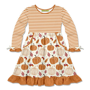 Kids Rust Pumpkin Bow-Accent Pocket A-Line Dress - Millieloveslily.com