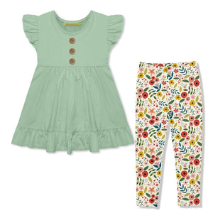 Kids Sage cotton Babydoll Top & Floral Leggings Set - Millieloveslily.com