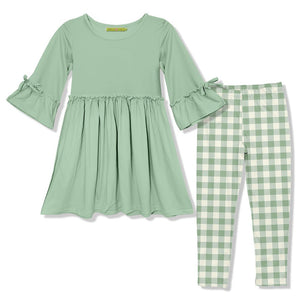 Kids Sage Bow Bell-Sleeve A-Line Dress & Gingham Leggings - Millieloveslily.com