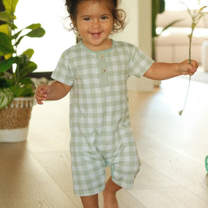 Kids Sage & Cream Check Short - Sleeve Romper - Millieloveslily.com