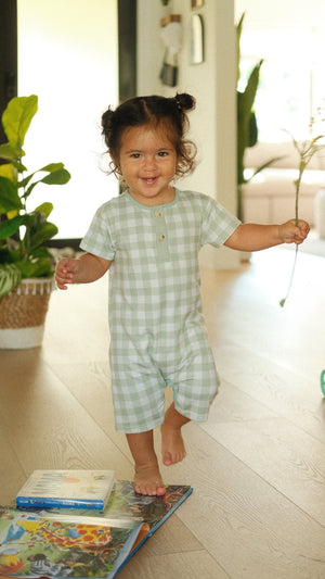 Kids Sage & Cream Check Short - Sleeve Romper - Millieloveslily.com