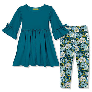 Kids Teal Bow Bell-Sleeve A-Line Dress & Floral Leggings - Millieloveslily.com