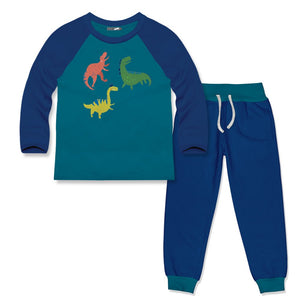 Kids Teal & Cobalt Dino Long-Sleeve Raglan Tee & Joggers - Millieloveslily.com