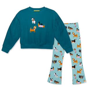 Kids Teal Crewneck Sweatshirt & Dogs Flare Leggings - Millieloveslily.com