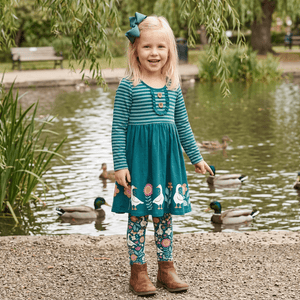 Kids Teal Ducks Border Button-Accent A-Line Dress & Ducks Leggings - Millieloveslily.com