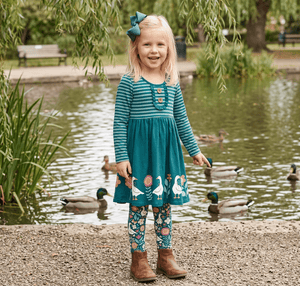 Kids Teal Ducks Border Button-Accent A-Line Dress & Ducks Leggings - Millieloveslily.com