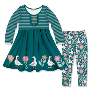 Kids Teal Ducks Border Button-Accent A-Line Dress & Ducks Leggings - Millieloveslily.com