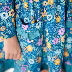 Kids Teal Forever Floral Patch-Pocket Long-Sleeve A-Line Dress - Millieloveslily.com