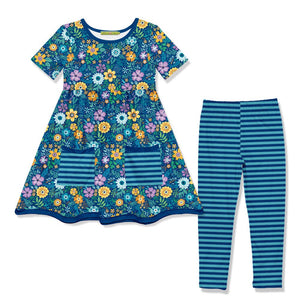 Kids Teal Forever Floral Pocket A-Line Dress & Stripe Leggings - Millieloveslily.com
