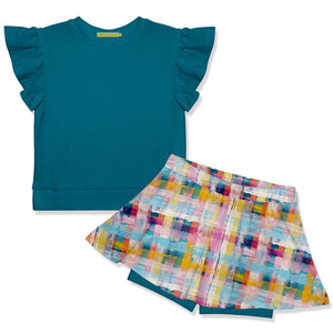Kids Teal Fr Terry Top & Firefly Plaid Skort - Millieloveslily.com