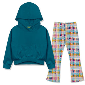 Kids Teal Hoodie & Plaid Flare Leggings - Millieloveslily.com